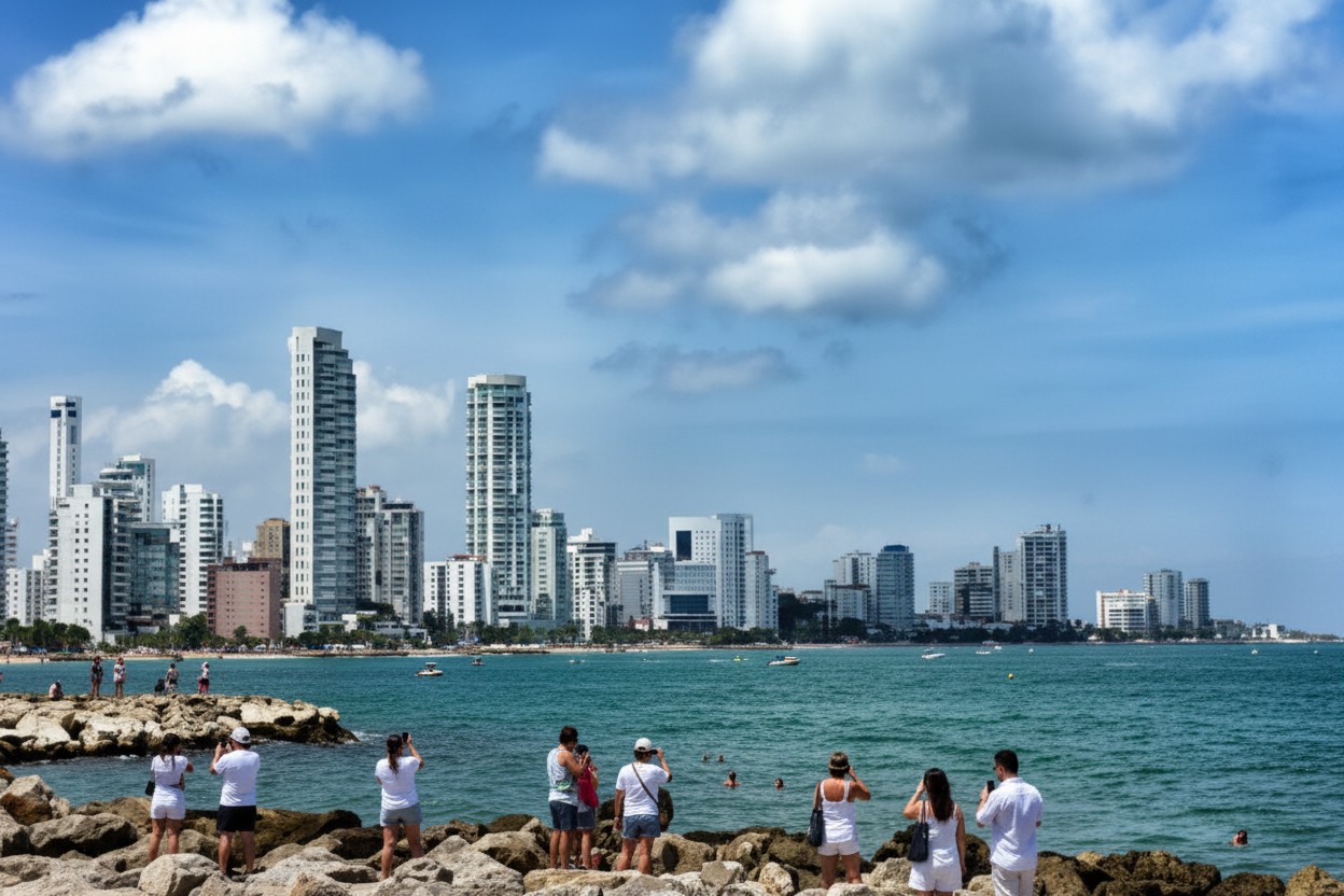 Bocagrande beach district Cartagena Colombia modern skyline