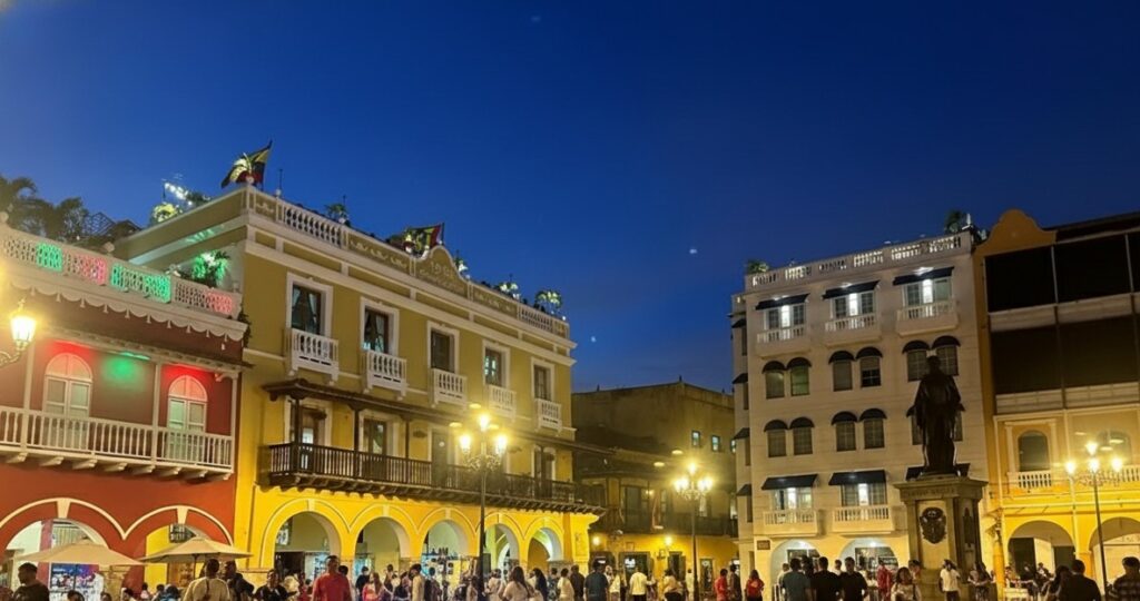 Street in the walled Old Town of Cartagena, Colombia, after dark, the area where most of the city's bars and nightlife are concentrated
