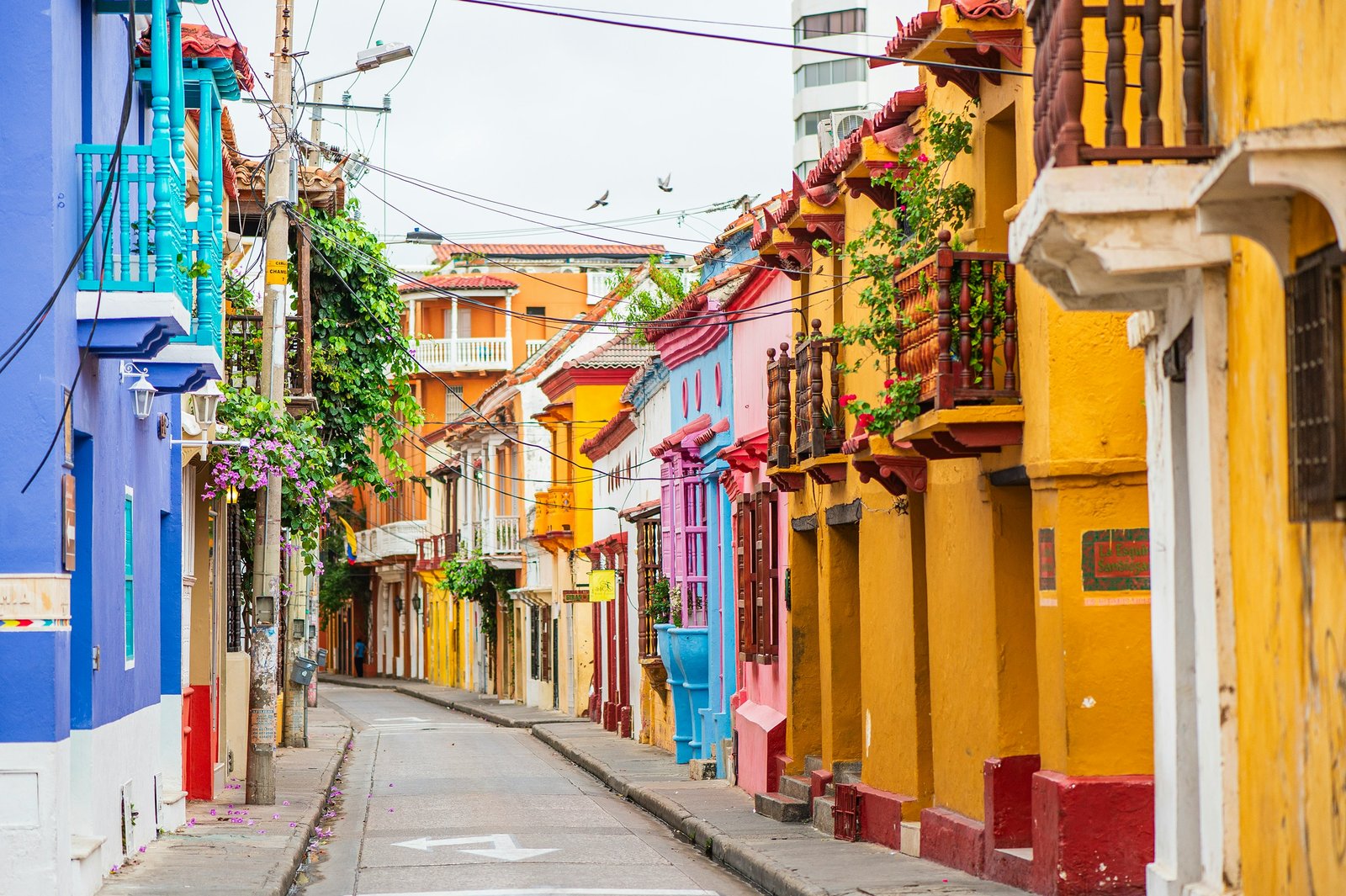 Narrow colorful colonial street Cartagena Colombia Old Town dry season