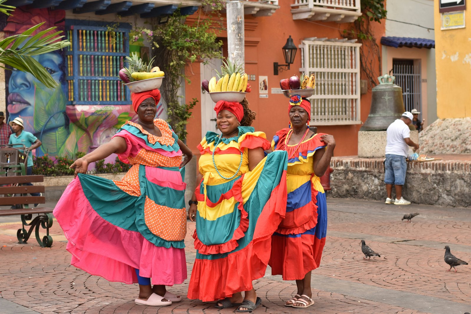 Palenqueras women in colorful traditional dresses Cartagena de Indias Colombia