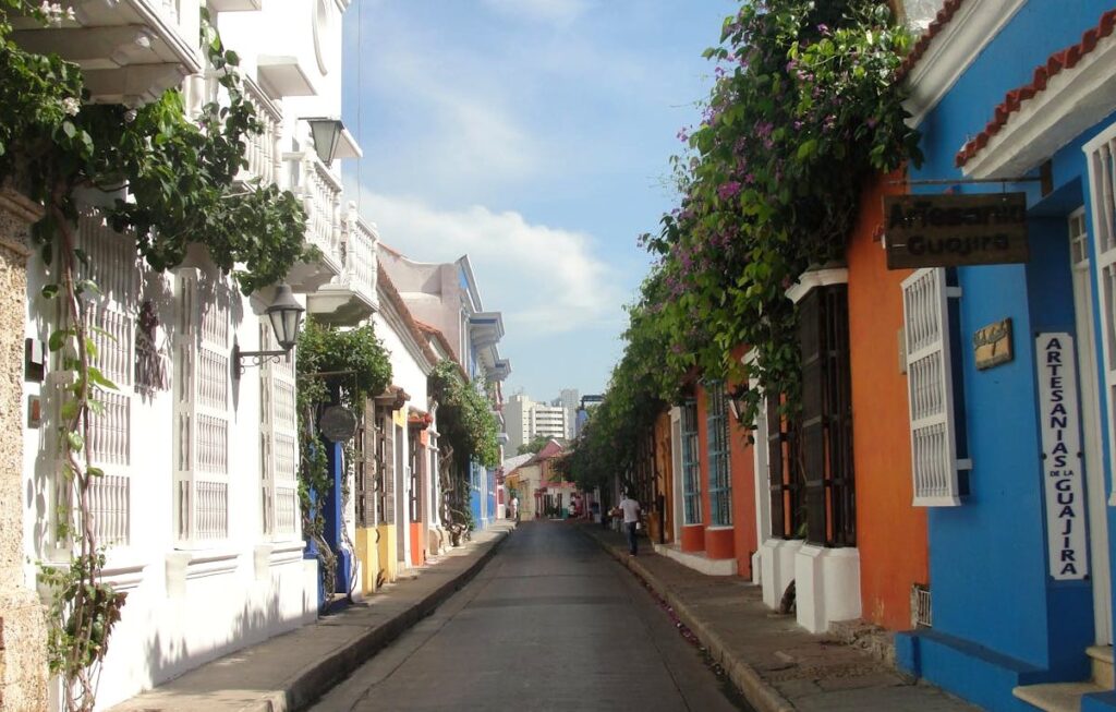 Tourists walking colonial street Cartagena Colombia Old Town